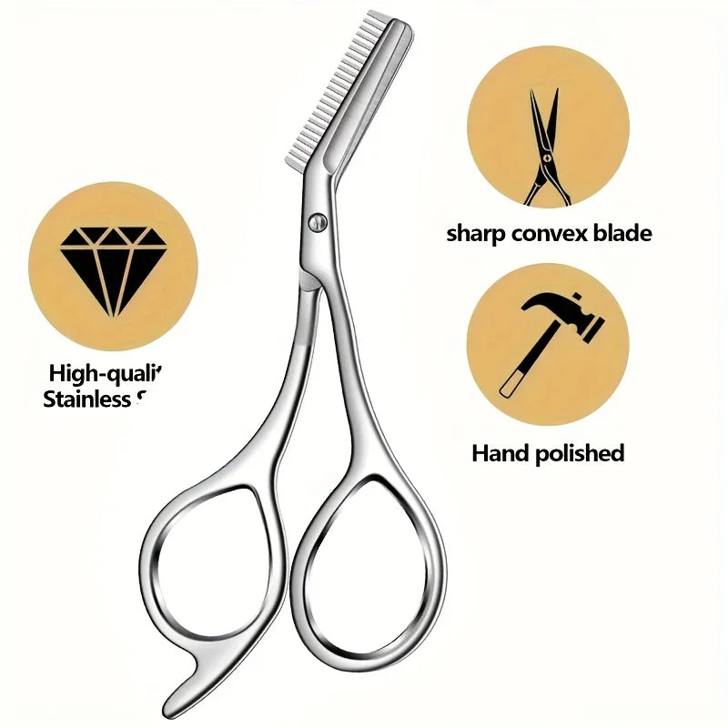 Professional Stainless Steel Eyebrow Scissors with Comb Hypoallergenic Ergonomic Two-Handed Design Precision Shaping & Grooming