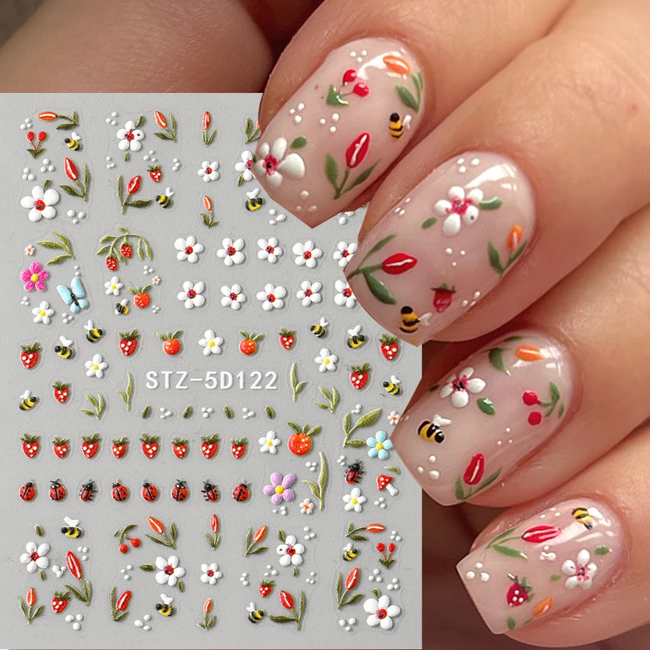 5D Embossed Kawaii Ladybug Sliders Spring White Daisy Flowers Nail Stickers DIY Simple Petals Wedding Nails Decals Accesories