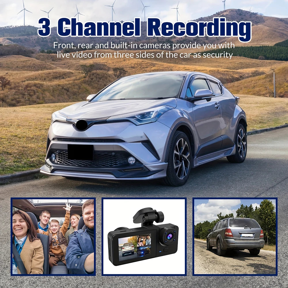 3 Channel Car Camera，Triple Lens WiFi Dashcam, 1080P HD Video Recorder, Night Vision, Car DVR with Wide Angle for Front and Rea