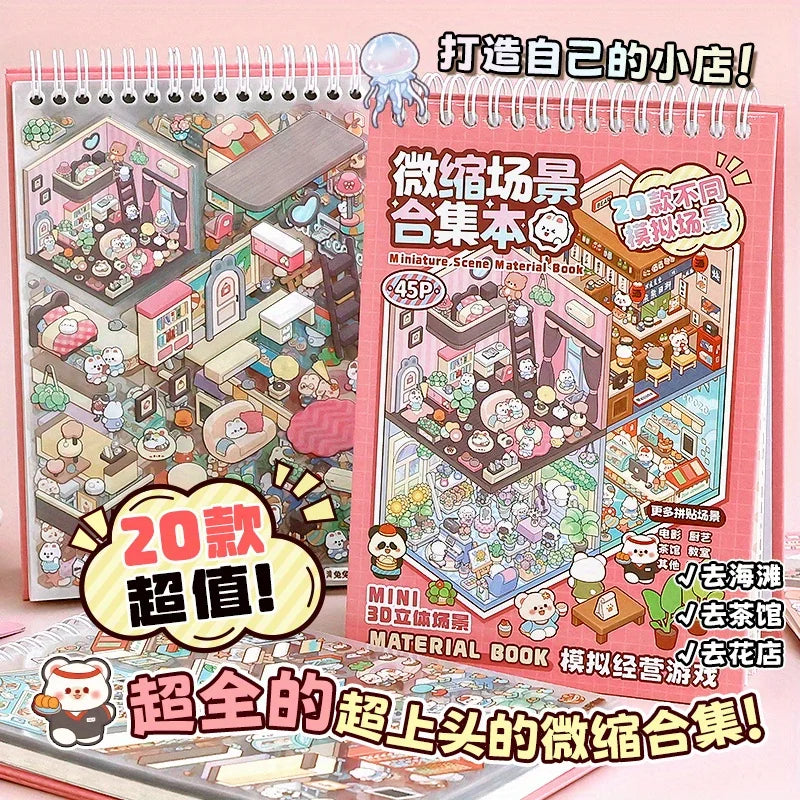 Mr Paper 45Pcs Scenes Cartoon Landscape Sticker Book Forest Village DIY 3D Sticker Cabin Scene Pocket Birthday Gift For Planner