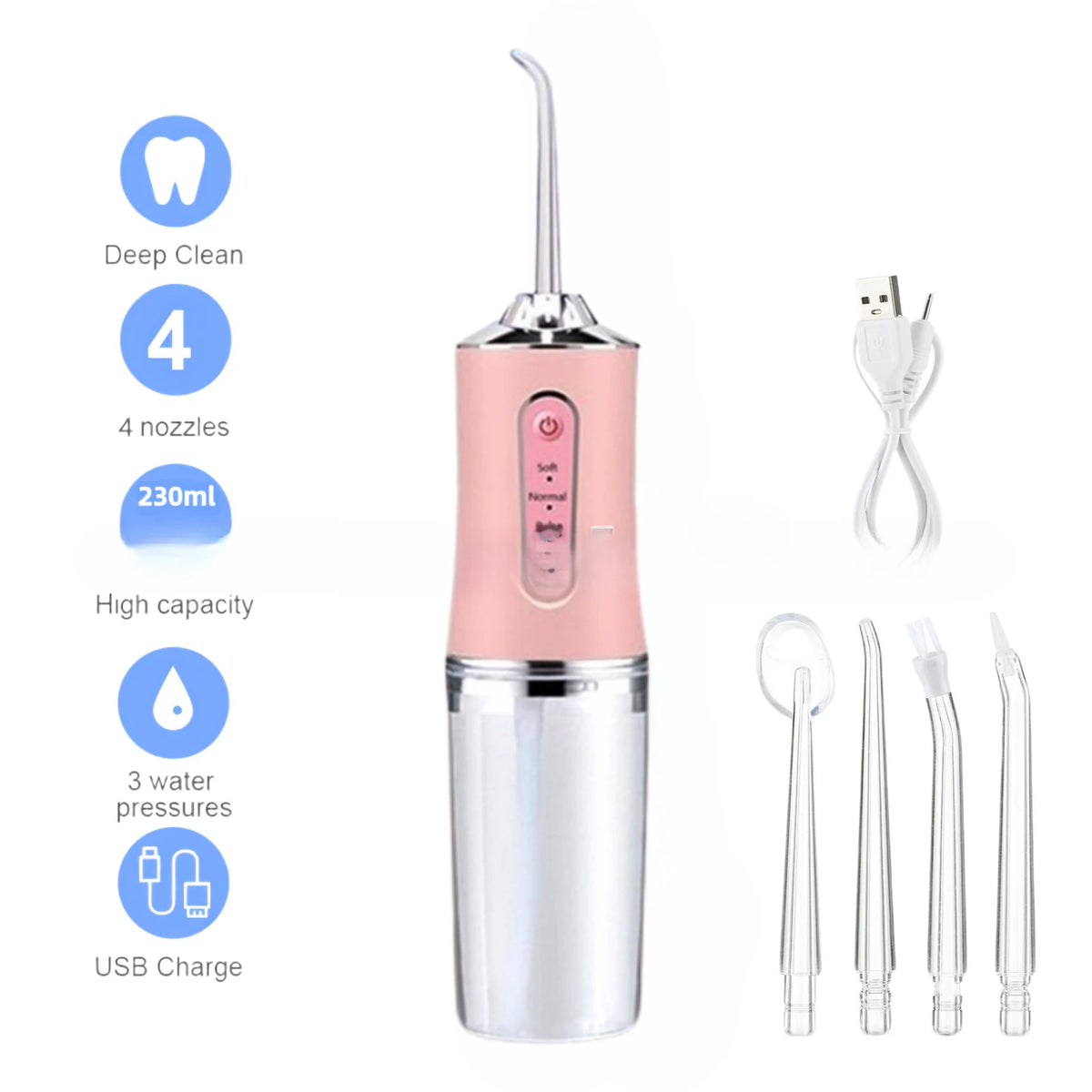 Oral Irrigator Portable USB Rechargeable Dental Water Flosser Water Jet Floss Tooth Pick 4 Jet Tip 220ml 3 Modes IPX7 Waterproof