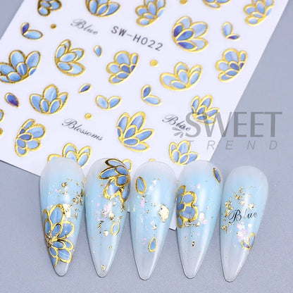 5pcs Metallic Gold Line Flower Nail Stickers 3D Bronzing Border Petals Sakura Leaf Nail Decals Slider DIY Elegant Manicure Decor