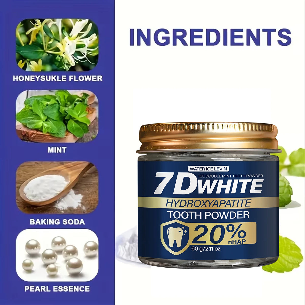 Hydroxyapatite Tooth Powder 60g, 20% NHAP & Charcoal Whitening Toothpaste Powder, Double Mint for Fresh Breath, Oral Care