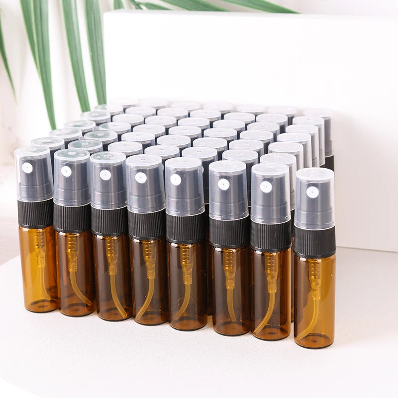 Hot sale 50/batch 3ml brown glass perfume bottle cologne essential oil ultra fine mist spray bottle mini travel essential