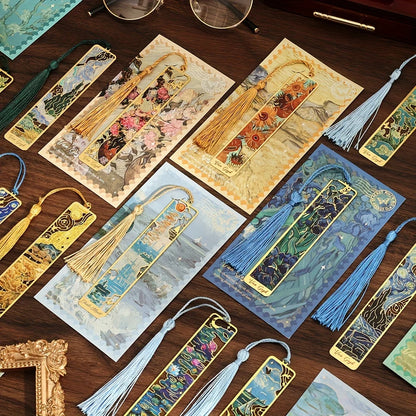 Vintage Oil Painting Metal Bookmarks - Hollow Hot Stamping Long Tassel Bookmarks - Stationery Gifts for Book Clubs, Book Lovers,