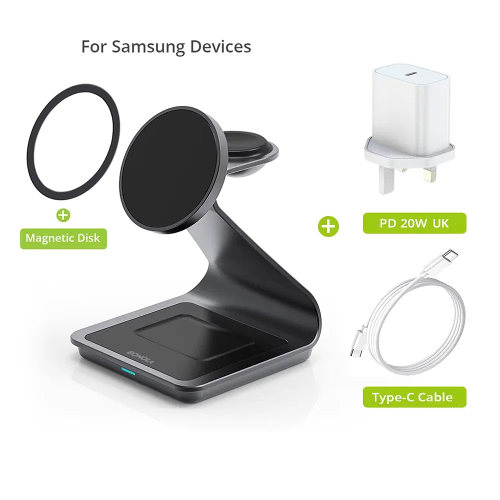 Bonola Magnetic 3 in 1 Wireless Charger Station for Samsung S24 Ultra/S25 25w Fast Charging Stand for Galaxy Watch 7/6/5/Earbuds