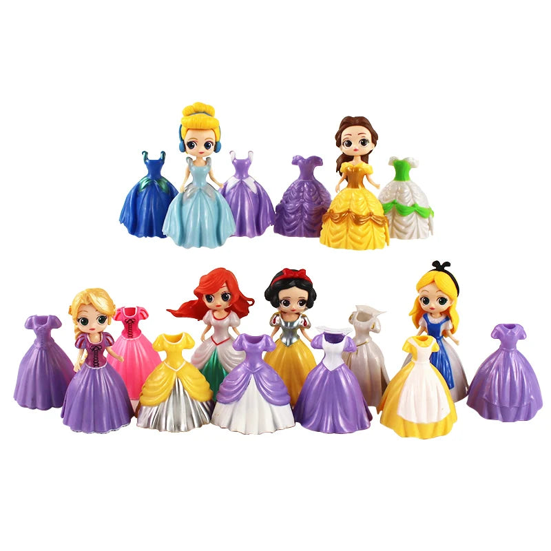 24pcs Princess Cinderella Belle Alice Snow White Ariel Rapunzel Pvc Action Figures Interchangeable Clothes Toys Dolls Gifts