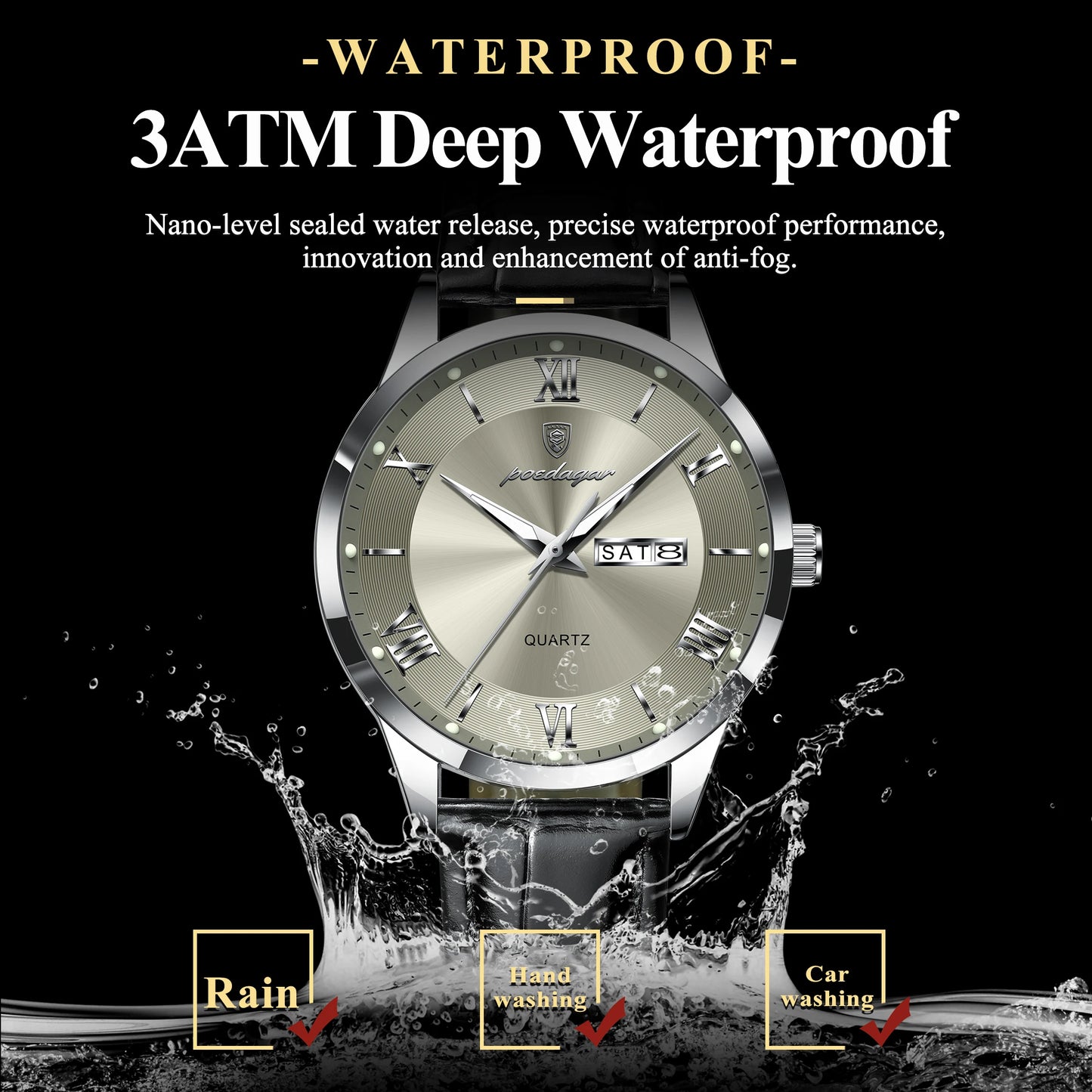 POEDAGAR Business Brand Men Clock Waterproof Luminous Date Week Fashion Man Wristwatch Leather Luxury Men's Quartz Watches Reloj