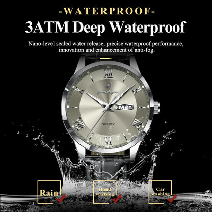 POEDAGAR Business Brand Men Clock Waterproof Luminous Date Week Fashion Man Wristwatch Leather Luxury Men's Quartz Watches Reloj