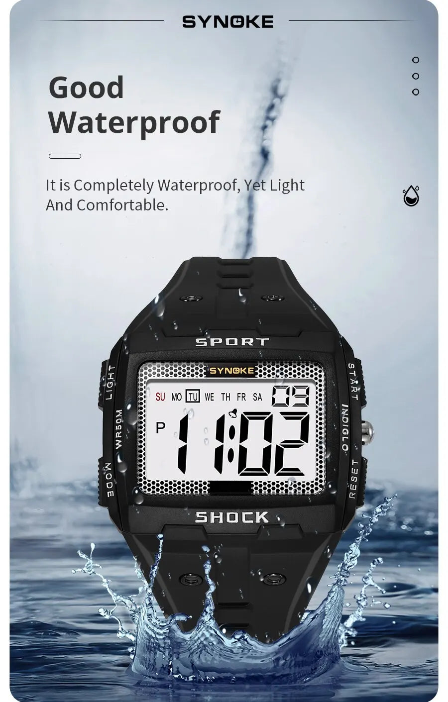 SYNOKE New For Men Sports Electronic Watch Waterproof Night Glow Large Screen Square Outdoor Running Camping Student Watch