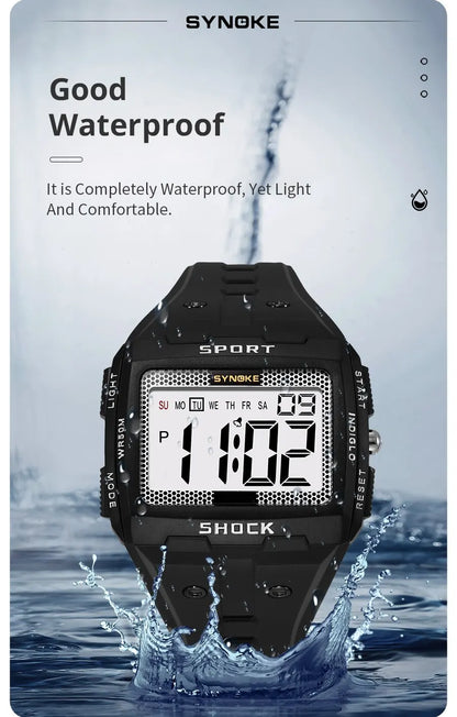 SYNOKE New For Men Sports Electronic Watch Waterproof Night Glow Large Screen Square Outdoor Running Camping Student Watch