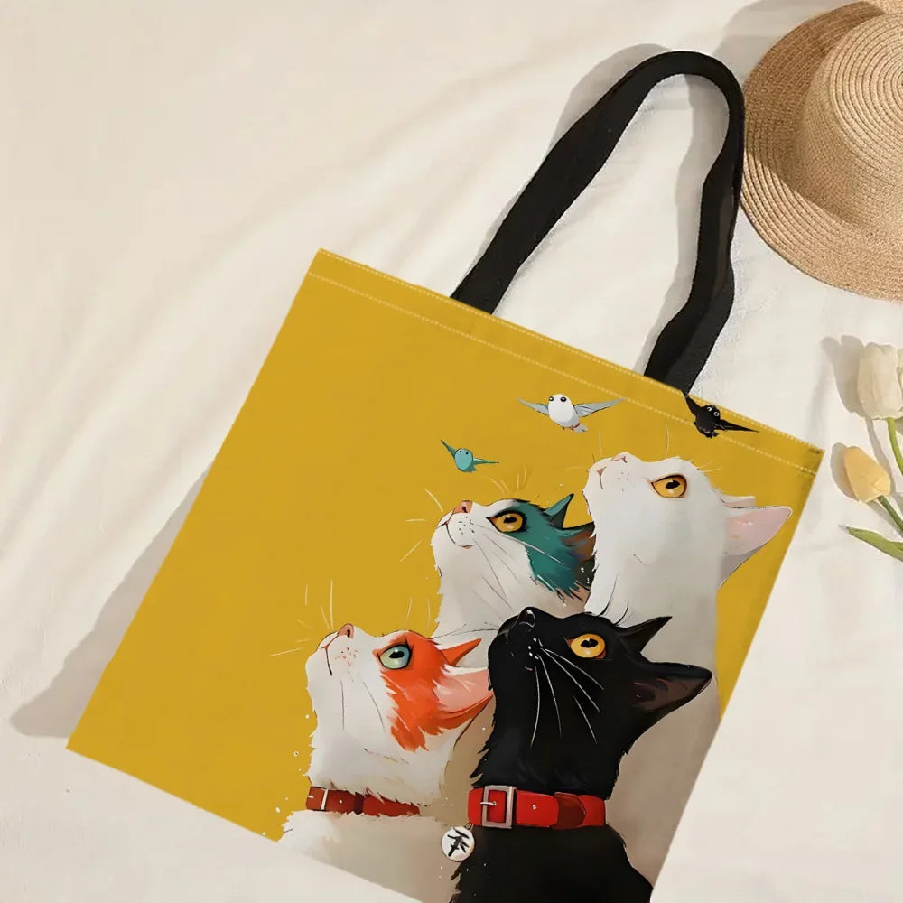 1pc Stacked Cat Handbag, Reusable Fashionable Handbag, Multifunctional Handbag, Printed Canvas Shopping Bag