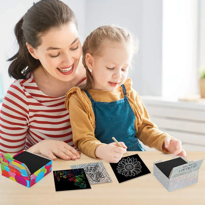 100pcs Scratch Paper Art Set Scratch Off Rainbow Magic Paper with 2 Bamboo Stylus Black Scratch Notes Xmas Birthday Gift Card