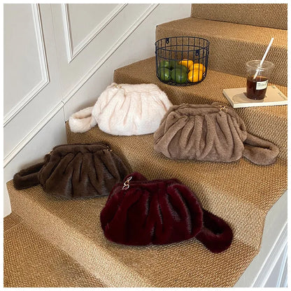 Cute and Versatile Winter Crossbody Bags Mink Fur Wrinkle Relaxed Texture Cloud Shell Bag Women Fashion Tote Shoulder Bag