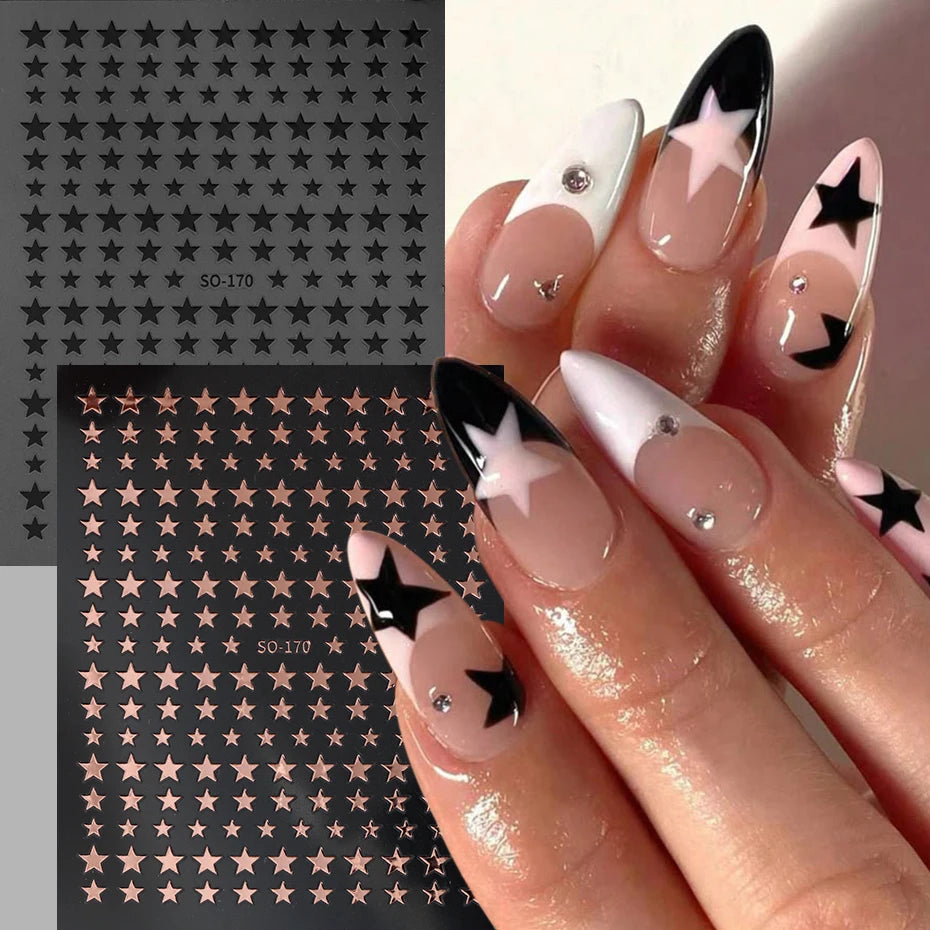 3D Black Pink Stars Stickers for Nails Golden Silvery Stars Adhesive Nail Decals Autumn Winter Festival DIY Nail Art Accessories