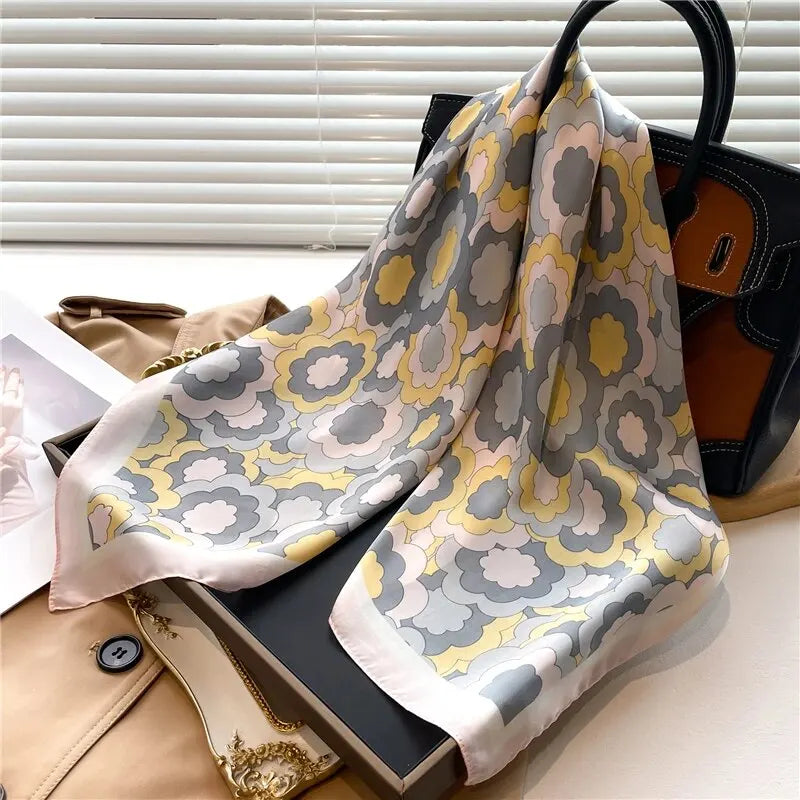 Luxury Print imitation Silk Square Scarf Women Spring Neck Tie Shawl Wraps Female Hair Hand Wrist Headkercheif Hijab Bandana