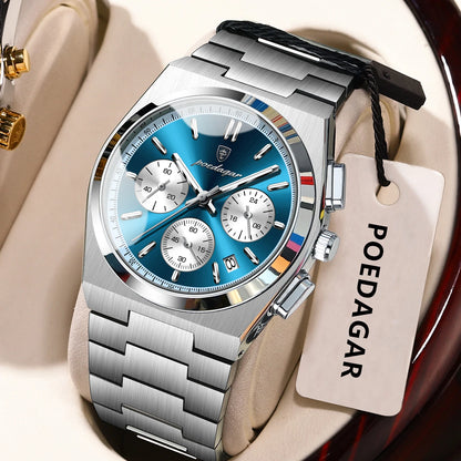 POEDAGAR Fashion Man Watches Chronograph Date Stainless Steel Casual Men Wristwatch Waterproof Luminous Men's Quartz Watch Reloj