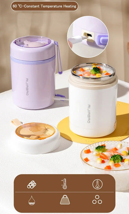 600ML Portable USB Electric Heating Lunch Box Stainless Steel Food Warmer with Drink Function for Picnics Food Heater