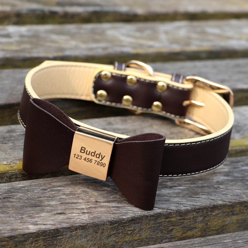 Custom PU Leather Dog Collar Soft Bowknot Pet Collars Engraved Name Puppy Cat Necklace Anti-lost for Small Medium Large Dogs Pug