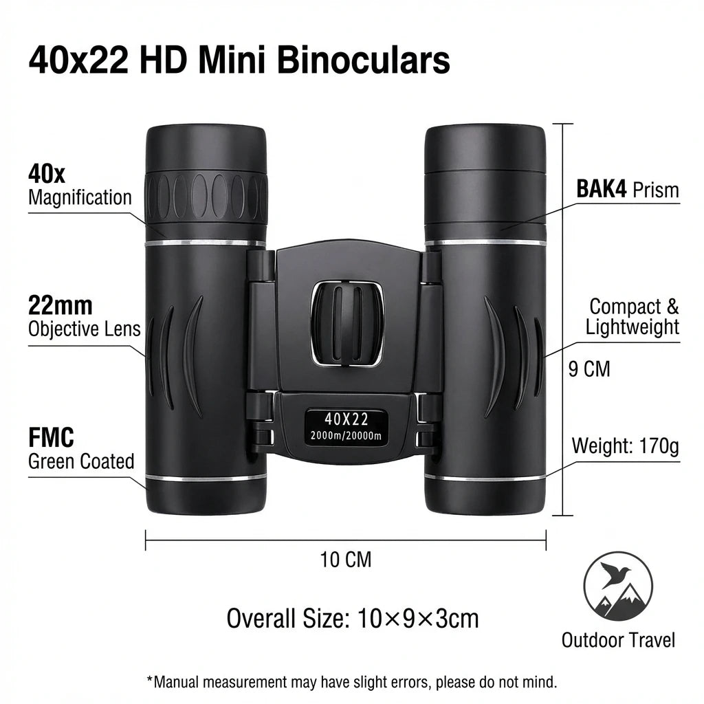 40x22 HD Binoculars with BAK4 FMC, Folding Mini Telescope with 2000M Long Range, Ideal for Hunting, Sports, Camping & Travel