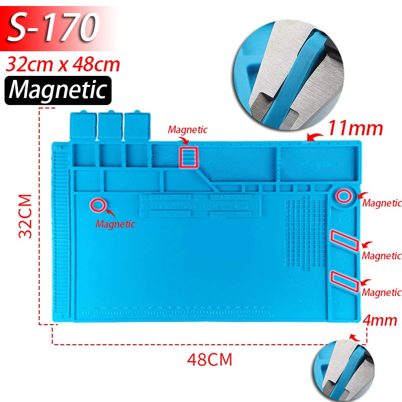Soldering Station Mat Silicone Work Mat Heat Resistant 932°F Anti-Static Magnetic Mat for Electronic Phone Laptop Watch Repair