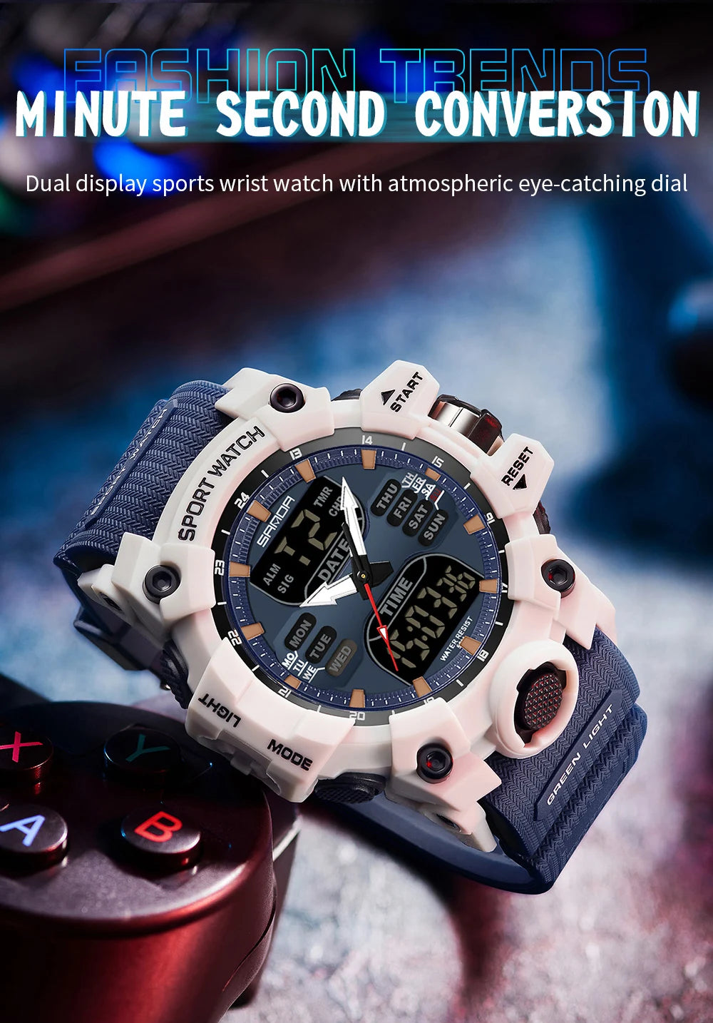 SANDA Luxury G Style Men's Electronic Watch Outdoor Sports LED Analog Digital Chronograph Military Dual Display 50M Waterproof