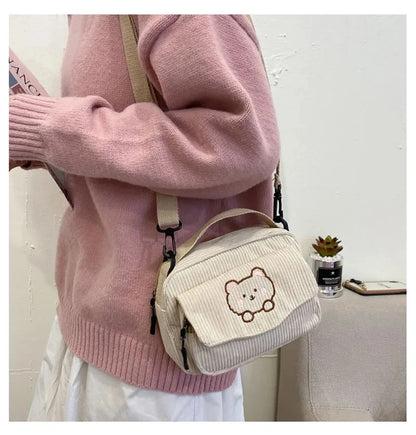 Personalized Teddy Bear Embroidered Diagonal Shoulder Bag, Corduroy Leisure Bag, WOMEN'S Crossbody Bag