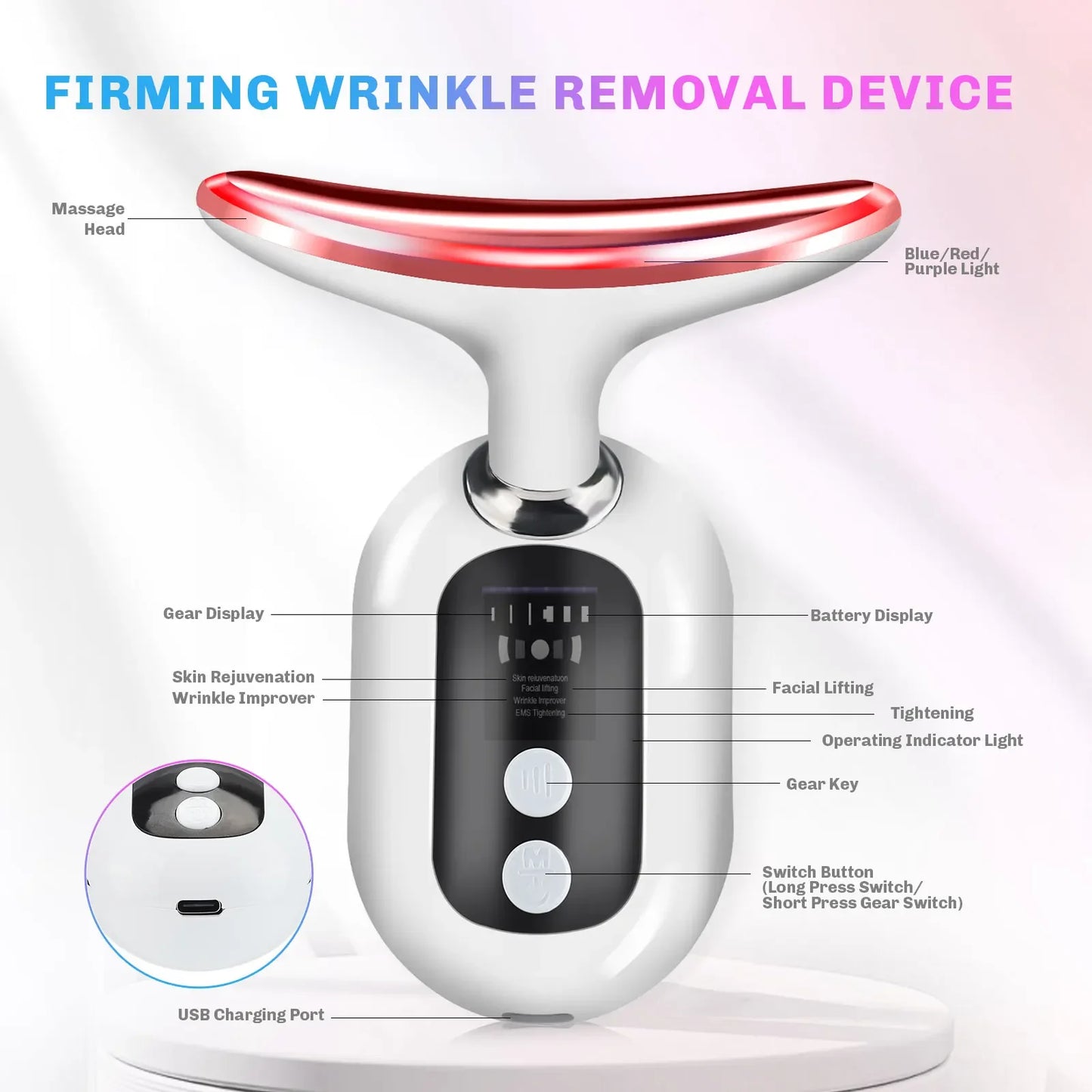 EMS Beauty Neck Instrument Microcurrent Face Neck Beauty Device LED Photon Reduce Double Chin Anti Wrinkle Tightening Neck Skin