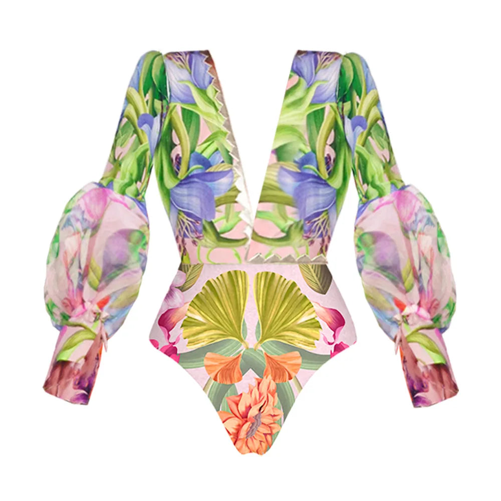 Blue One-Shoulder Ruffled Print Floral Swimsuit Set Cover Up Single Piece Micro Monokini Sexy Swimwear For Girls Summer Beach