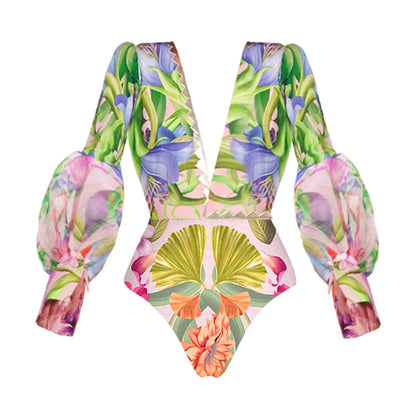 Blue One-Shoulder Ruffled Print Floral Swimsuit Set Cover Up Single Piece Micro Monokini Sexy Swimwear For Girls Summer Beach