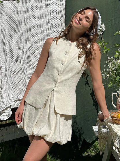 Bornladies Cotton Chic Casual Vest Mini Skirt Set Women's Fashion Commuter Sleeveless Tank Top Loose Shorts Suits Summer New