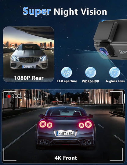 Kocam 4K UHD Dash Cam WiFi Car DVR Front and Rear Dual Lens Auto Car Camera with Night Vision 24H Parking Monitor Black Box