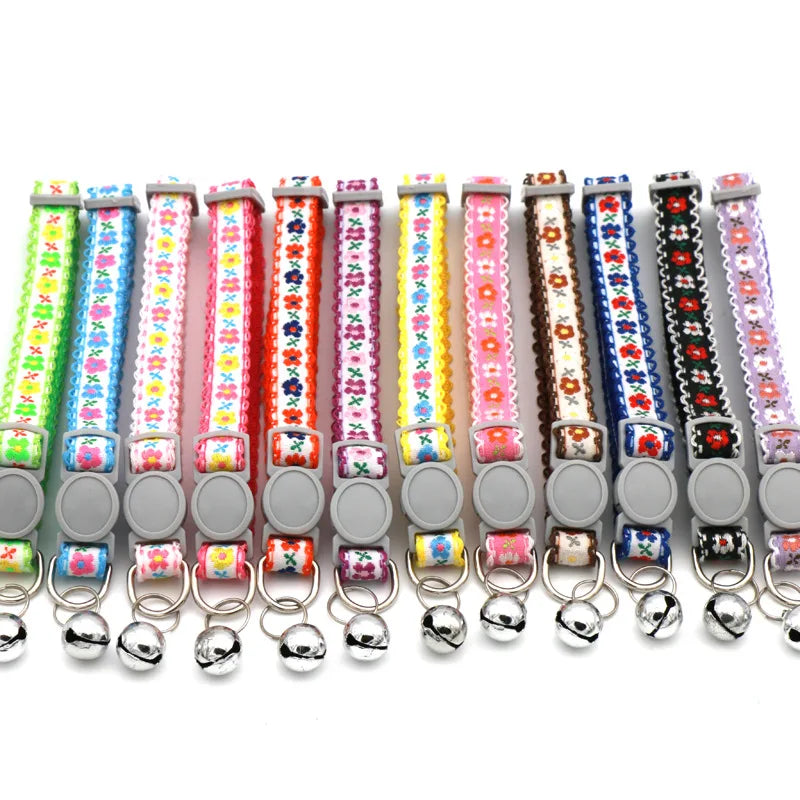 Hand Knitting Flower Pet Collar With Bell Colorful Retro Style Cat Collar Adjustable Safety Necklace For Puppy Cat Accessories