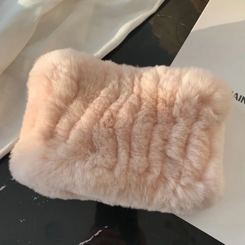 Women Handmade Stretch 100% Real Rabbit Fur Scarf Knit Genuine Rex Rabbit Fur Headbands Girls Natural Rabbit Fur Ring Scarves