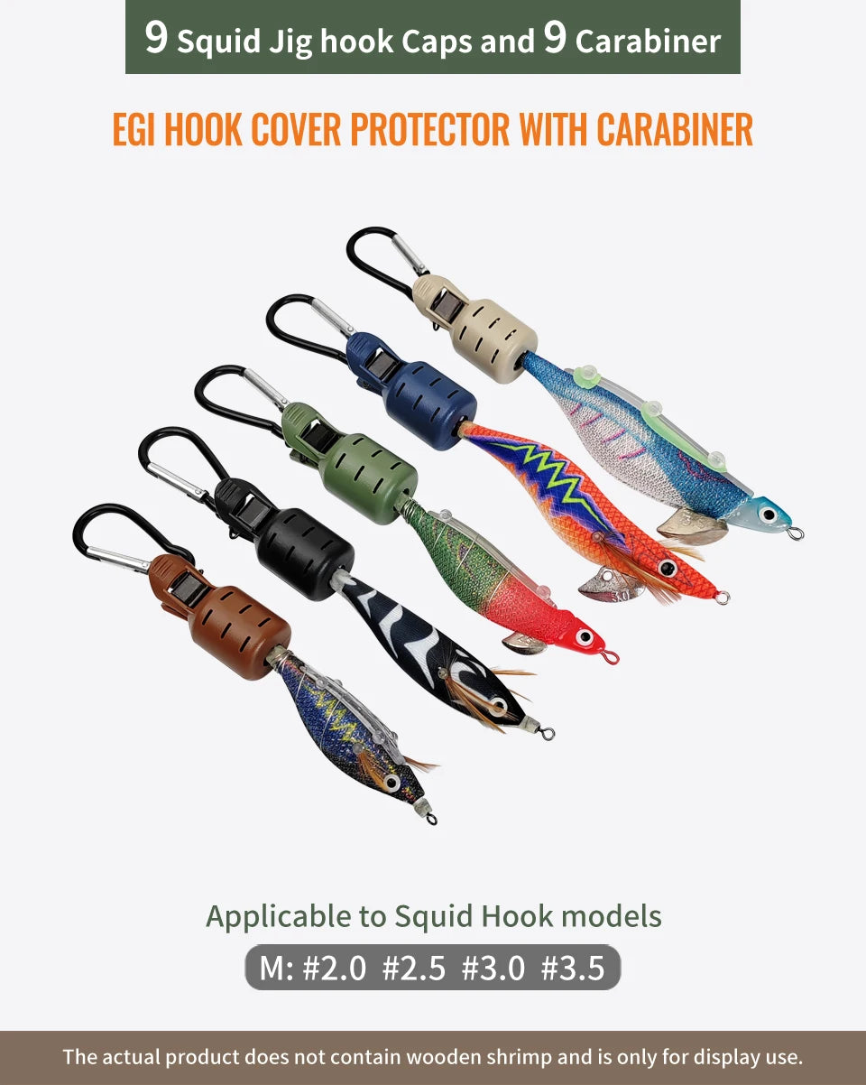 9PCS Squid Jig Protector Webfoot Octopus Egi Hook Cover Cuttlefish Umbrella Lure Cap Wood Shrimp Bait Accessories with Carabiner
