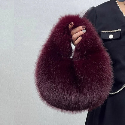 Fashion Soft Plush Half Moon Bags for Women Designer Fluffy Faux Fur Lady Handbags Luxury Small Tote Female Winter Purses