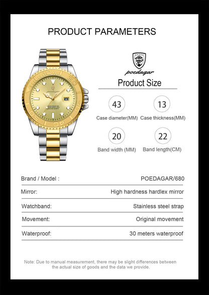 POEDAGAR Original Luxury Man Wristwatch Waterproof Luminous Date Men Watch Stainless Steel Fashion Business Men's Quartz Watches