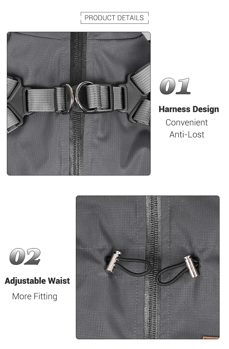 Dog Raincoat with Harness Waterproof Pet Rain Jacket for Small Dogs Adjustable Reflective Dog Rain Overalls with 4 Legs