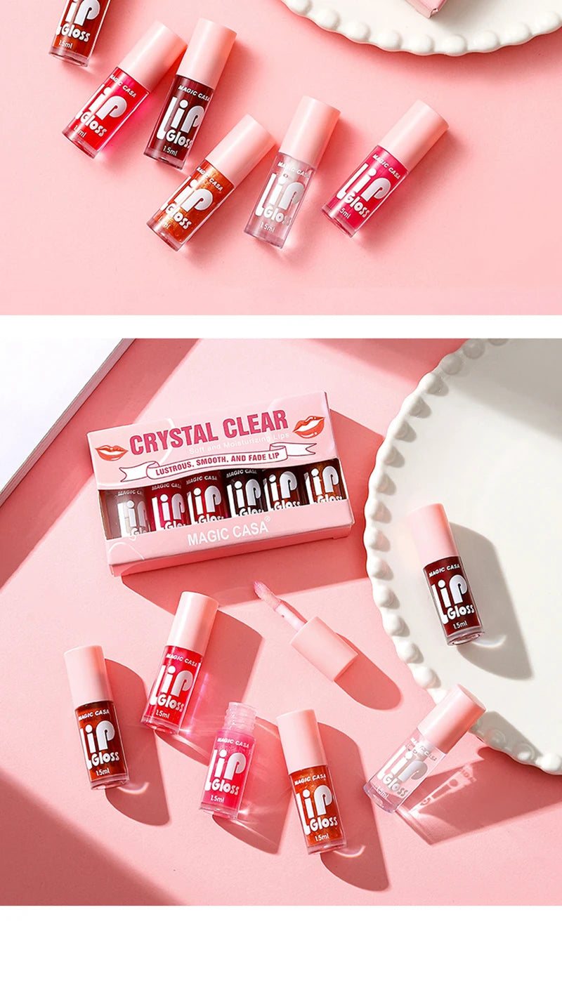 MAGIC CASA 6-Piece Set Water-Gloss Jelly Lip Oil - Plumping, Hydrating, Makeup Base, Long-Lasting Moisture