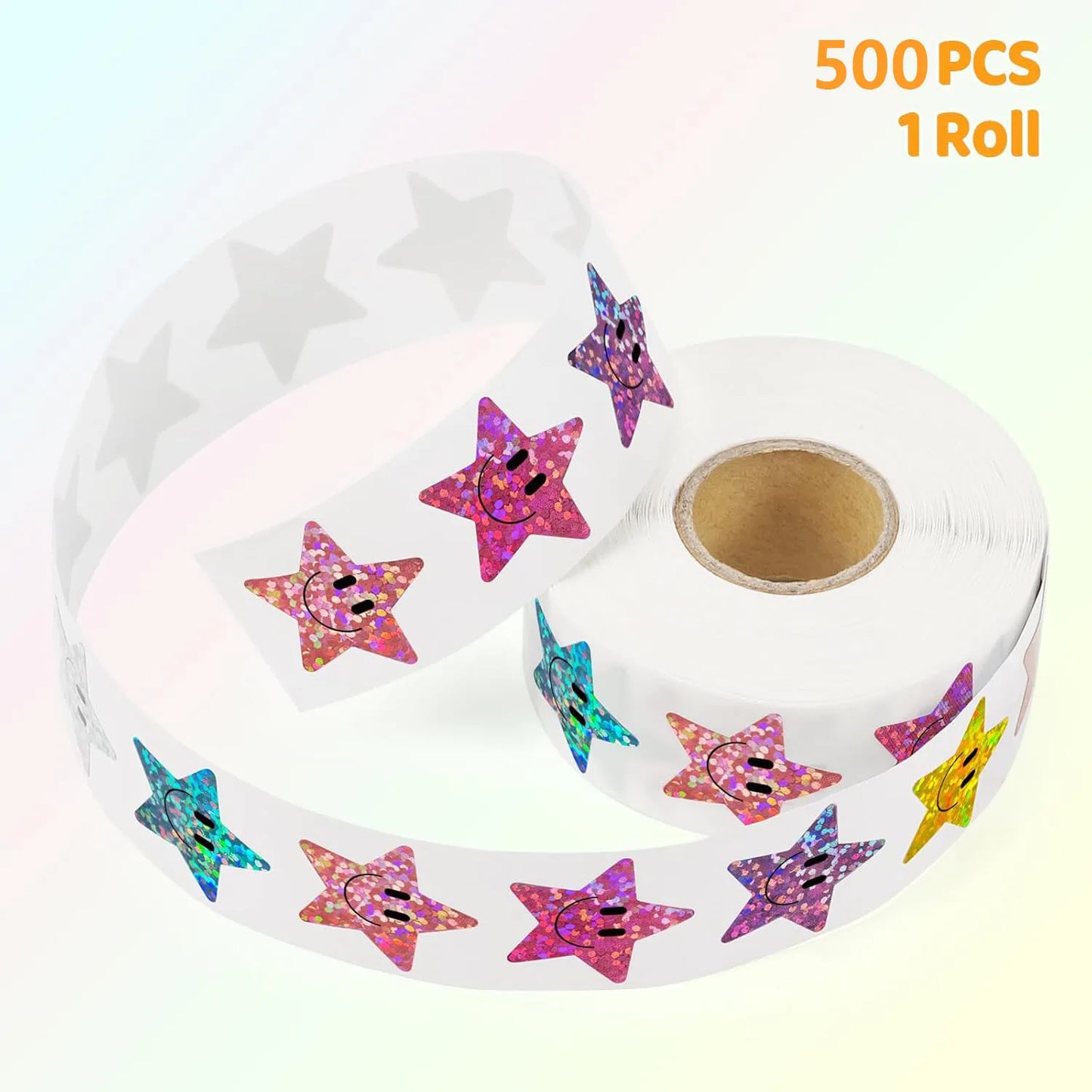 500 Pcs Smile Face Stickers Roll Laser Colorful Happy Face Sticker for Classroom Back to School Birthday Teacher Reward,1inch