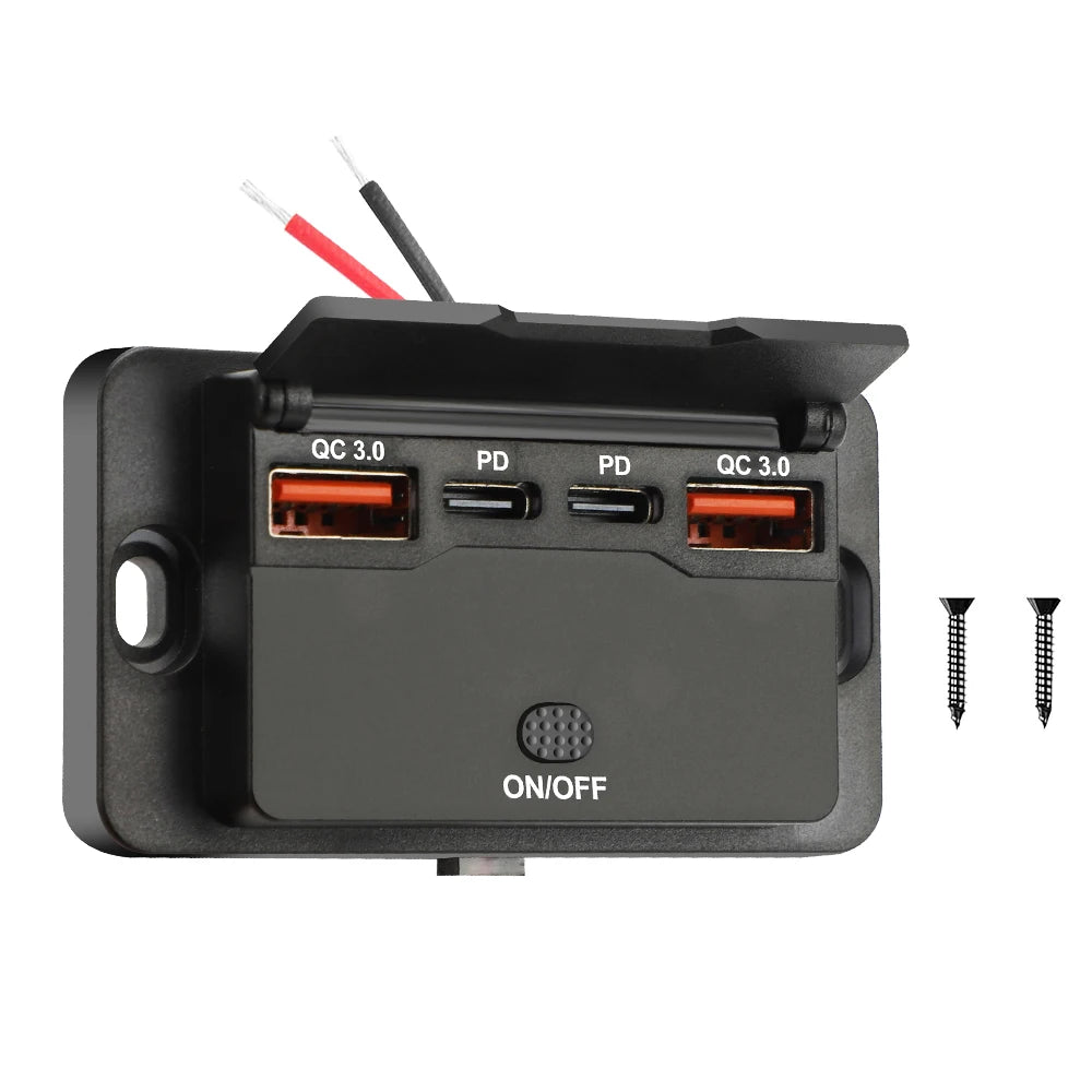 4 Ports Dual PD Dual QC 3.0 USB Car Charger with Switch 96W Quick Charging Socket USB Power for 12V/24V Car Boat Bus RV Truck