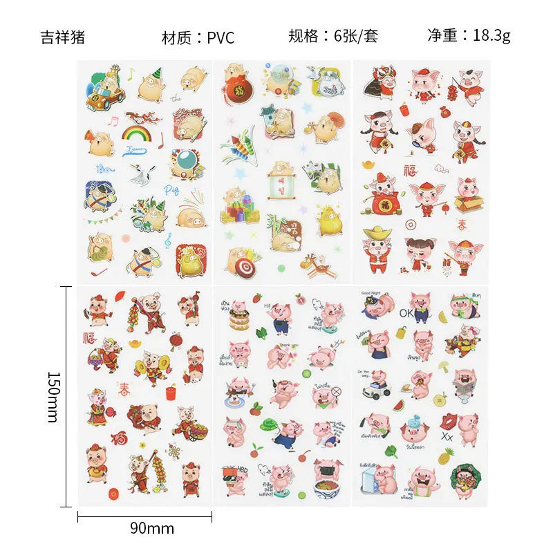 6Pieces/Set Transparent Pvc Waterproof Cartoon Sticker DIY Hand Account Decorative Stickers Kawaii Phone Cup Stickers