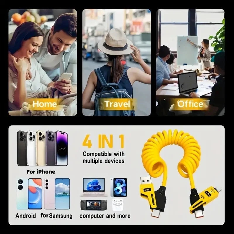 4 in 1 65W Spring Short Data Cable 6A USB Type C Spring Telescopic Quick Charger Wire Spring USB Cable for iPhone 15 14 13 12