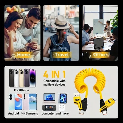 4 in 1 65W Spring Short Data Cable 6A USB Type C Spring Telescopic Quick Charger Wire Spring USB Cable for iPhone 15 14 13 12