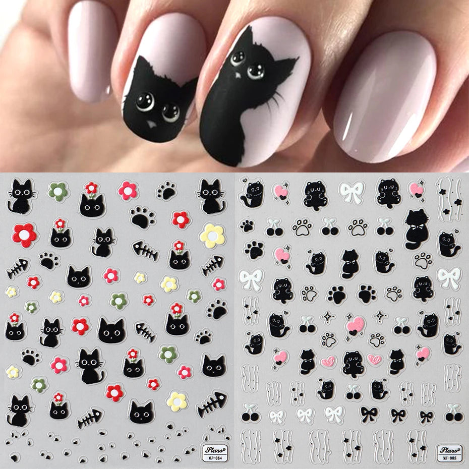 Black Silver Cat Animals Nail Sticker Decals Y2K Charms Cute Dog Cartoon Adhesive Sliders Foils For Manicure Nail Art Decoration