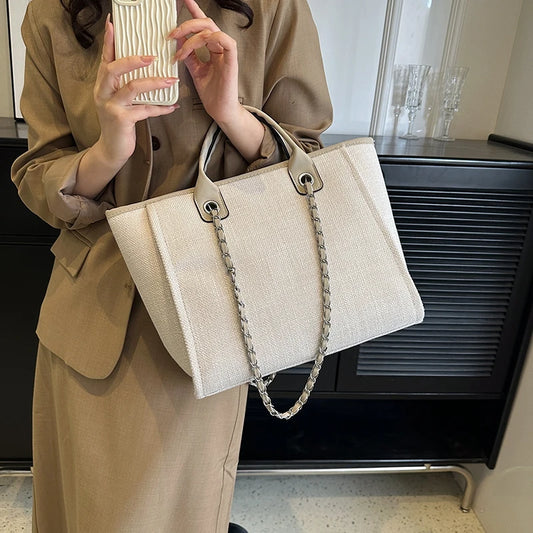 New Fashion Simple Canvas Material Chain Bag Large Capacity Chain Zipper Women's Shoulder Bag Tote Bag For Commuter Shopping
