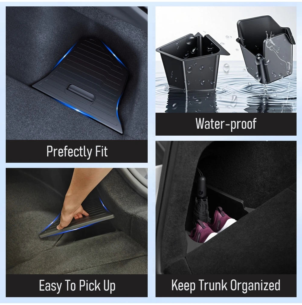 For Tesla Model Y Juniper 2025 Rear Trunk Side Storage Box Cargo Organizer TPE Bin Box Flocking Mat Partition Board Accessories