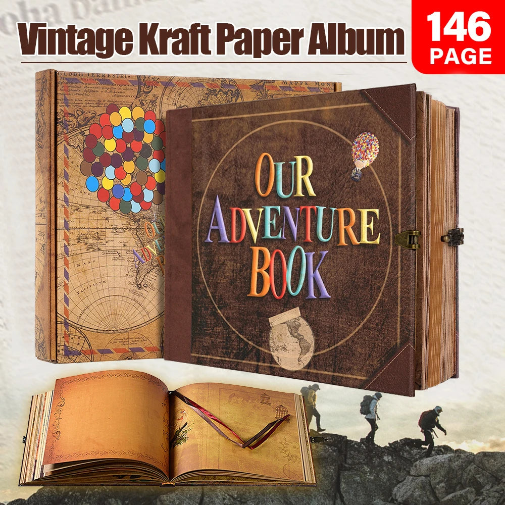 Our Adventure Journal 146page Vintage Leather DIY Scrapbook Album Balloon Text Theme for Anniversary Wedding Mother's Day Gifts