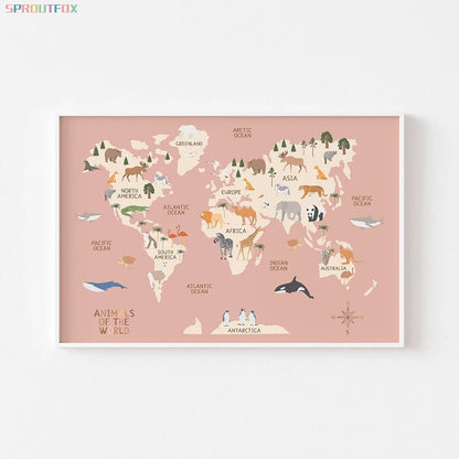 World Map Canvas Painting Pastel Animal Theme Educational Wall Art Nordic Posters and Prints Pictures for Kids Room Decoration