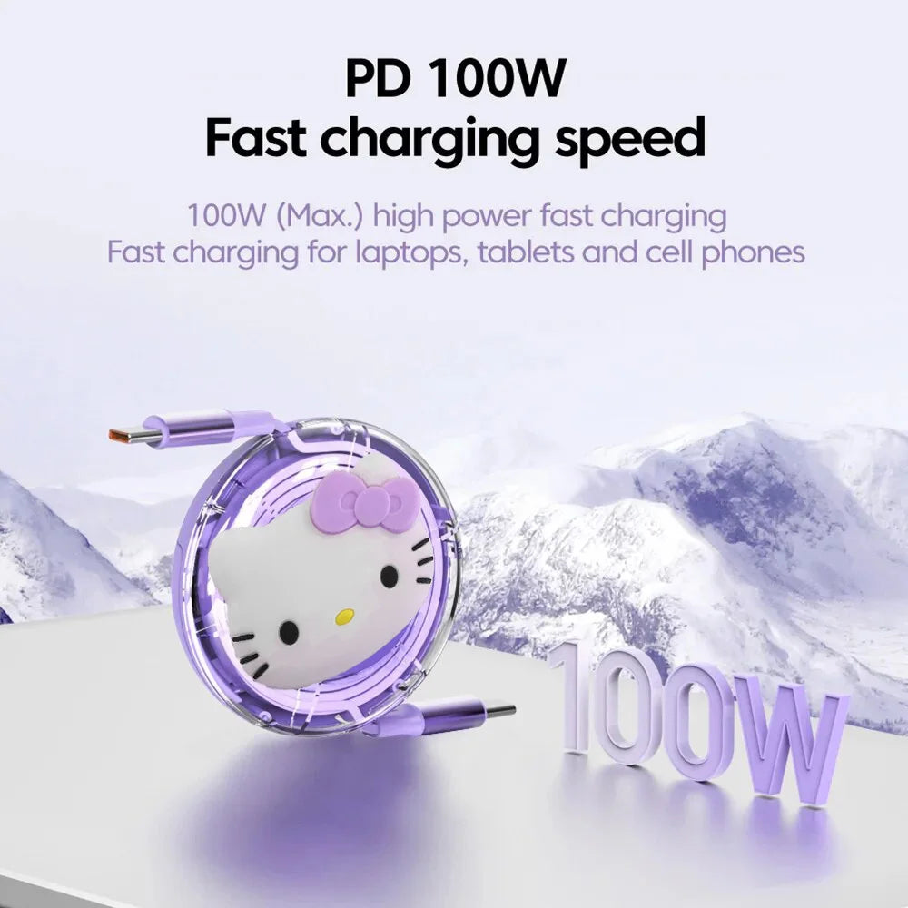 Sanrio Hello Kitty Cartoon Retractable PD 100W Cable USB Type C to Type C Fast Charging USB C to USB C Cable for iphone 15 Huawe